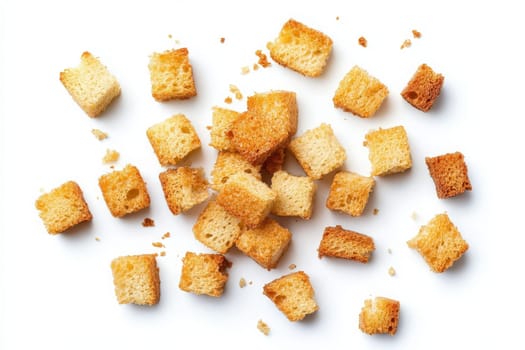 A variety of golden-brown croutons are scattered across a clean white surface, showcasing their crispy texture and diverse shapes. Perfect for adding crunch to soups and salads.