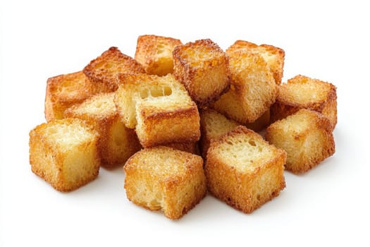 A delightful arrangement of golden, crunchy croutons sits on a pristine white surface, awaiting to add flavor and texture to salads or soups. Perfect for enhancing any dish.