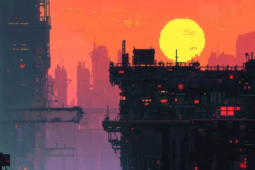 A bustling cyberpunk city comes alive at sunset, featuring towering skyscrapers silhouetted against a vibrant sky.