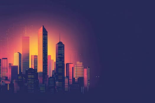 A stunning cyberpunk cityscape features towering skyscrapers illuminated by vibrant neon lights against a solid background. The atmosphere captures a futuristic urban setting during twilight hours.