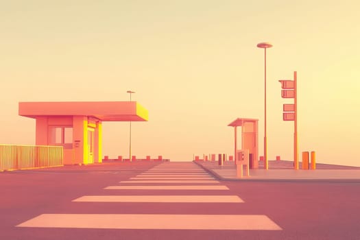 A customs checkpoint stands peacefully at sunrise. The structured design features a clean background, highlighting the entry points functional and modern elements. Light reflects softly on the scene.