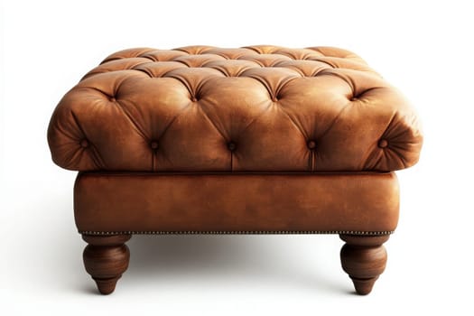 A luxurious leather ottoman sits isolated in a well-lit, minimalist space. The tufted texture and warm brown color add a touch of elegance and comfort to the environment.