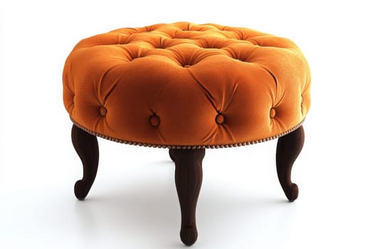 A vibrant orange round ottoman with tufted upholstery stands isolated against a clean, bright background. Its wooden legs enhance its cozy and inviting design suited for stylish interiors.