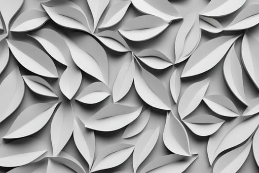 This artwork showcases a clean and minimalist design with beautifully crafted leaf patterns layered together, creating a sophisticated and textured appearance in grayscale.