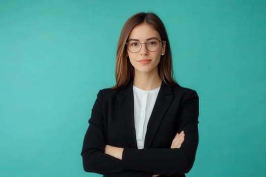 A confident consultant woman with glasses stands with her arms crossed against a solid teal background.