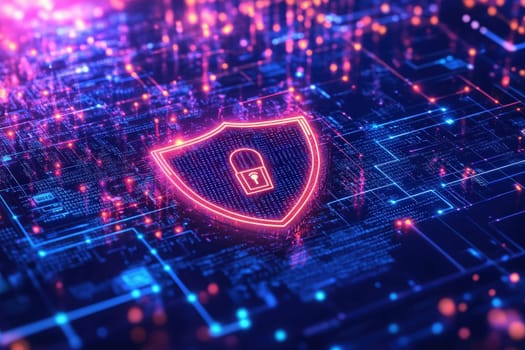 This digital image features key cybersecurity symbols like a shield and lock, set against a colorful backdrop of network data and glowing circuits, highlighting digital protection.