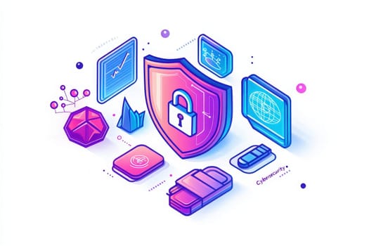This artwork displays various cybersecurity symbols including a shield and lock, emphasizing digital protection and data security. The elements represent the importance of safeguarding information.