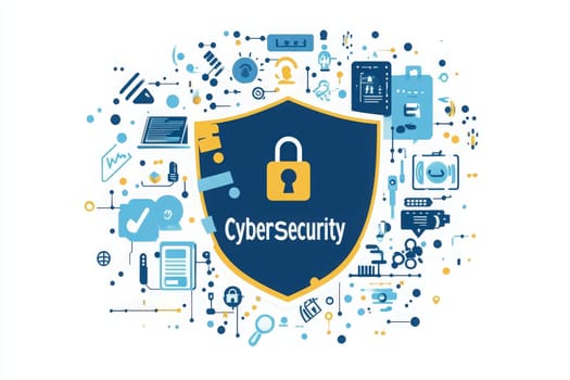 This visual showcases essential elements of cybersecurity, featuring a prominent shield and lock icons surrounded by various digital technology symbols and graphics, emphasizing safety.