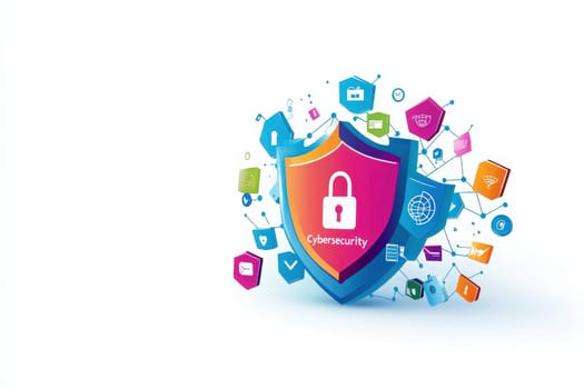 A dynamic shield features a central padlock, encircled by icons of digital security tools, highlighting the crucial role of cybersecurity in todays digital landscape.