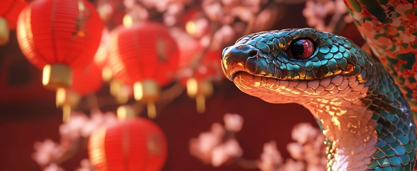 A colorful snake is surrounded by bright lanterns and blooming cherry blossoms, enhancing the festive atmosphere of the celebration.