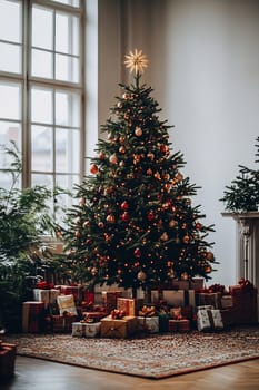 The cozy living room features a beautifully adorned Christmas tree surrounded by wrapped gifts, creating a festive atmosphere.