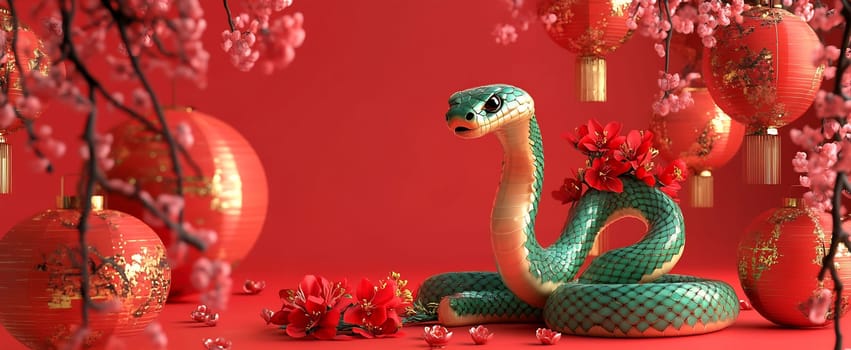 A colorful snake with floral decorations lies peacefully, surrounded by lanterns and cherry blossoms, creating a festive ambiance.