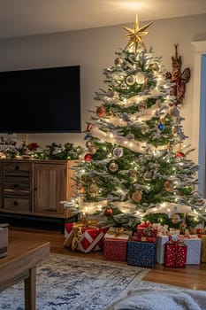 The living room features a stunning Christmas tree sparkling with lights, surrounded by colorful wrapped gifts, creating a festive atmosphere.