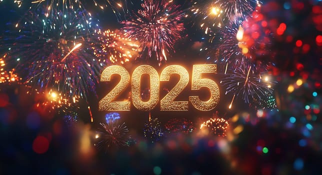 The night sky bursts with colorful fireworks as people celebrate the arrival of the New Year 2025 in a joyful atmosphere.