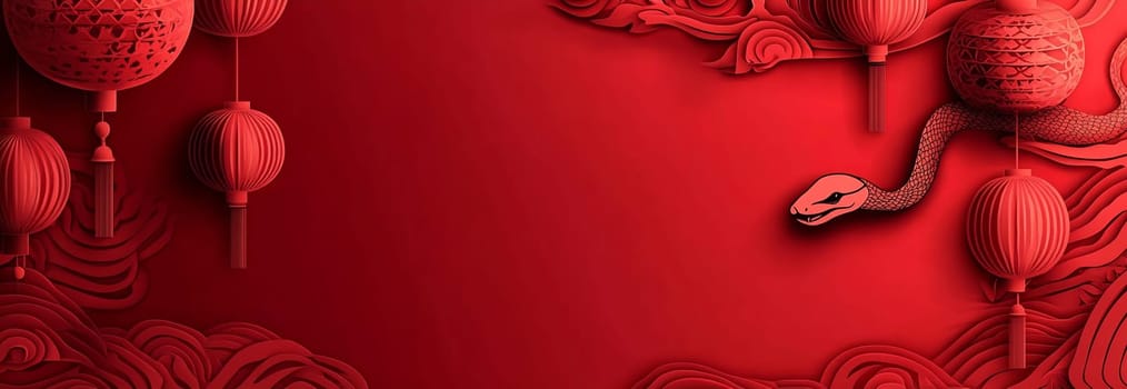 A vibrant red backdrop showcases intricately styled lanterns and a snake, symbolizing cultural heritage and celebration.
