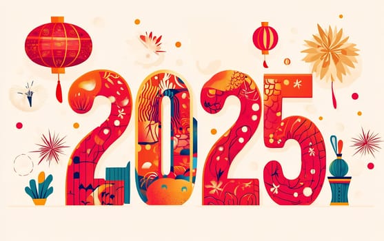 The artwork features lively symbols and decorations representing the Year of the Snake in 2025, celebrating cultural traditions.