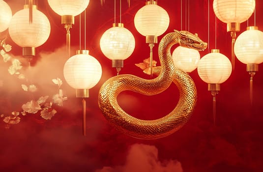 The golden snake winds through illuminated lanterns, enhancing the vibrant atmosphere of the evening celebration.