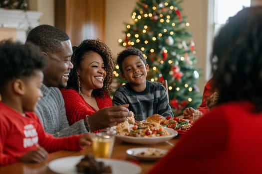 A joyful family shares a festive meal with laughter and smiles, surrounded by holiday decorations and a Christmas tree.