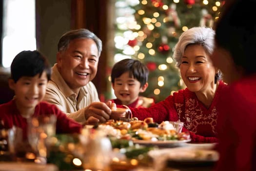 A joyful family shares a festive meal, celebrating the holiday spirit with laughter and delicious food surrounded by holiday decorations.