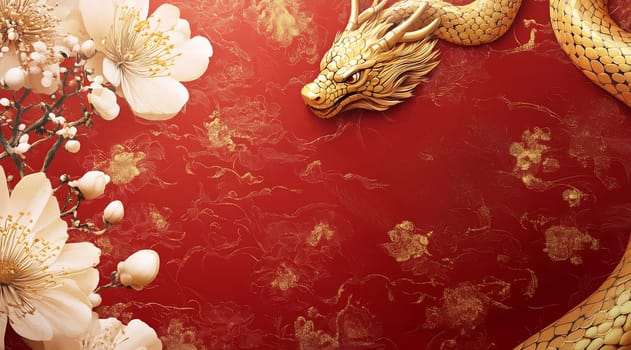 Delicate cherry blossoms and a majestic golden dragon are artistically placed on a bold red backdrop, reflecting cultural heritage.