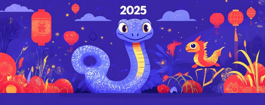 The artwork showcases a lively blue snake alongside a playful orange dragon, surrounded by festive elements and decorations for the year 2025.