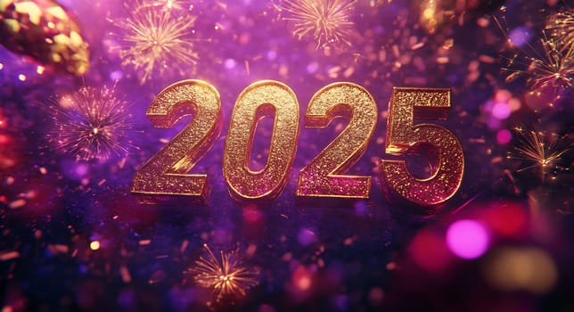The glowing digits of 2025 shine brightly, surrounded by colorful fireworks and festive light effects, celebrating the New Year.