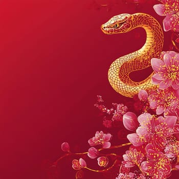 A golden snake wraps around delicate pink blossoms against a rich red backdrop, symbolizing prosperity and renewal.
