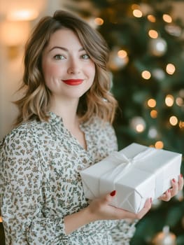 A cheerful woman with wavy hair smiles while holding a beautifully wrapped gift close to a Christmas tree adorned with lights.