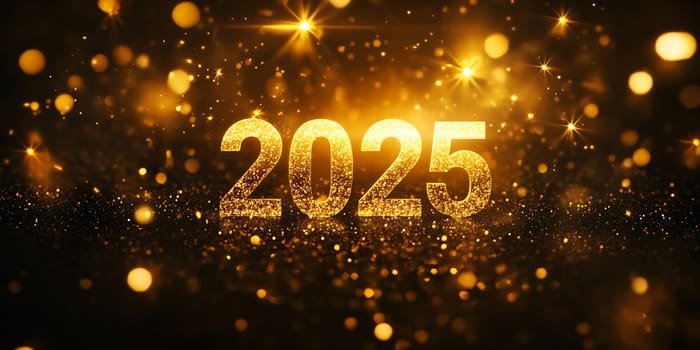 The golden numbers of 2025 shimmer against a dark backdrop, illuminated by sparkling lights and glittering effects.