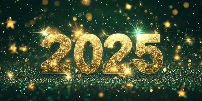 The golden digits 2025 sparkle brightly among green background elements, creating a celebratory atmosphere for New Year festivities.