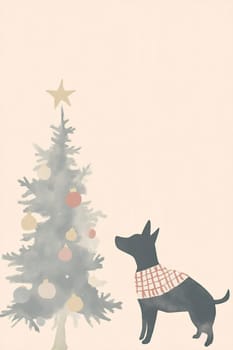 A curious dog wearing a scarf gazes at a beautifully adorned Christmas tree, evoking a festive and warm holiday atmosphere.