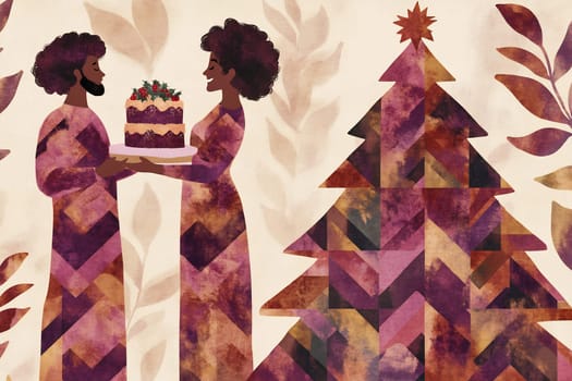 A joyful couple shares a beautiful cake during the Christmas celebration beside a decorative tree in a cozy setting.