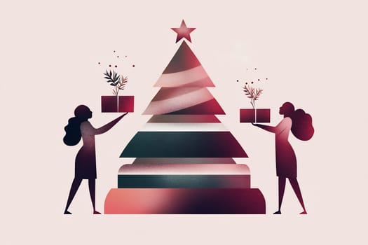 The scene captures two women joyfully holding festive gifts next to a creatively designed Christmas tree, celebrating the holiday spirit.