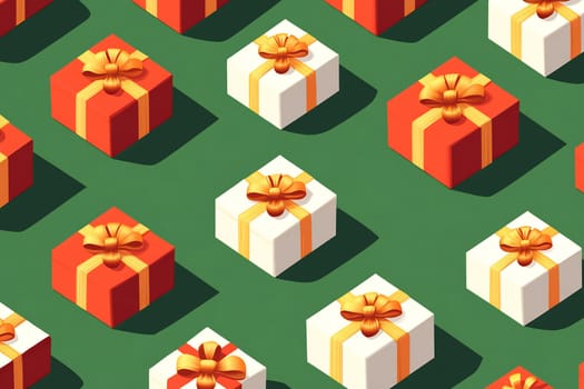 Numerous beautifully wrapped gifts in red and white adorn a green background, creating a joyful atmosphere for the holidays.