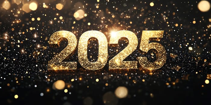 The glittering numbers 2025 shine brightly against a dark background, creating a festive ambiance with sparkling lights.