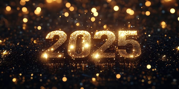 The golden digits representing 2025 are adorned with sparkling lights, creating a festive mood for the New Year celebration.