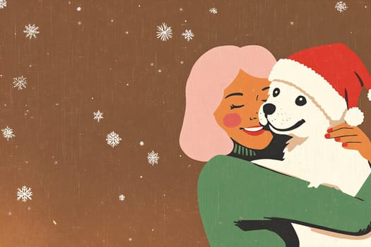 A cheerful woman hugs her dog, who is adorably wearing a Santa hat, amidst falling snowflakes during the festive season.
