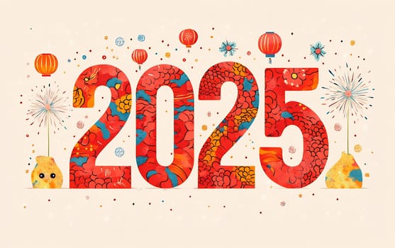 A colorful and artistic representation of the year 2025, adorned with festive decorations and celebratory motifs for the New Year.