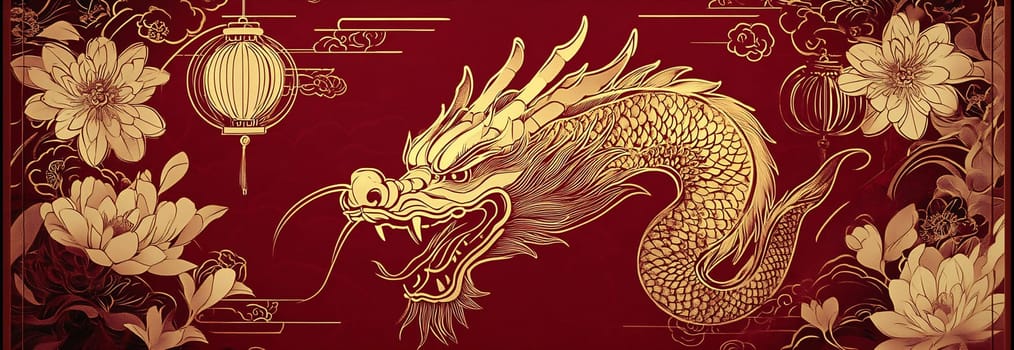 This artwork features an intricate golden dragon along with elegant floral designs and lanterns on a vibrant red backdrop.