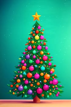A festive Christmas tree brightly decorated with various colorful ornaments and a star positioned at its peak, set against a green backdrop.