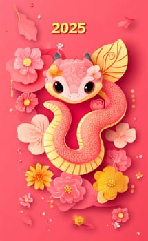 A cheerful pink dragon character is encircled by vibrant flowers, symbolizing the Lunar New Year festivities in 2025.