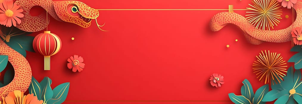A vibrant red backdrop adorned with a detailed snake design and colorful floral decorations enhances the celebratory atmosphere.