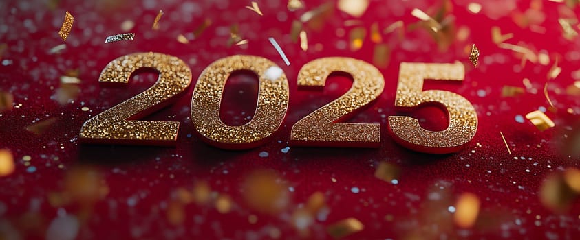 Golden numbers representing 2025 surrounded by sparkling confetti on a bright red surface create a festive atmosphere.