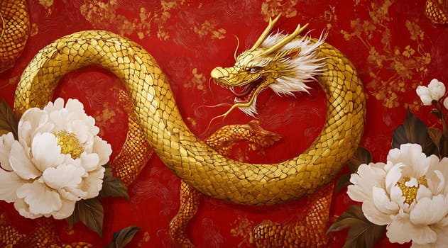 A majestic golden dragon coils around elegant white peonies, set against a rich red backdrop, showcasing traditional artistry.