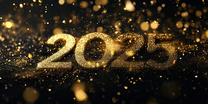 The glowing numbers 2025 are surrounded by sparkling golden particles, creating a festive atmosphere for New Year s celebrations.