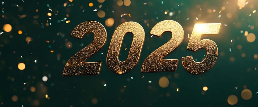 Golden numbers representing 2025 shine brightly amidst colorful confetti, creating a festive celebration atmosphere.