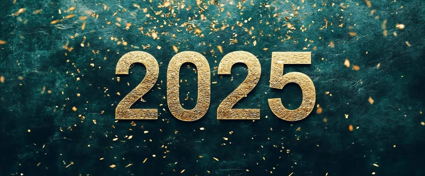 The bold, golden numbers 2025 are surrounded by sparkling confetti, set against a rich, dark background.
