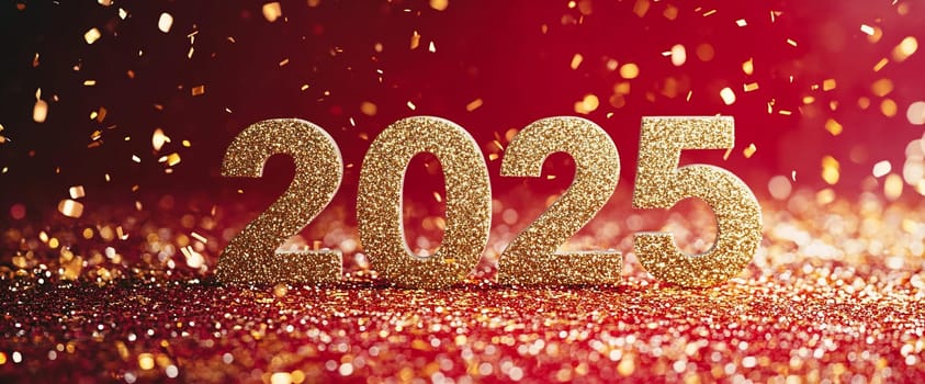 Glittering numbers for 2025 shimmer in a festive red setting, surrounded by a flurry of golden confetti celebrating the New Year.