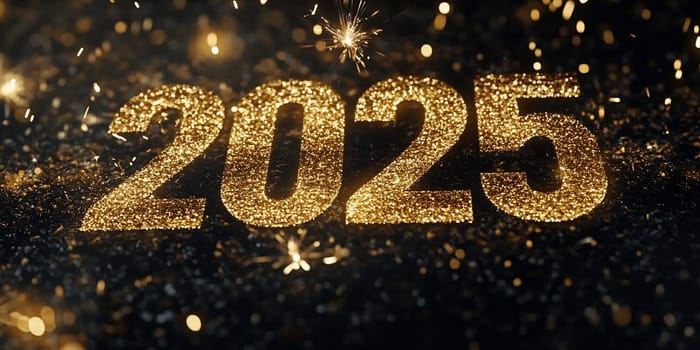 Glittering gold numbers indicate the arrival of New Year 2025, enhanced by vibrant sparks and festive atmosphere filled with excitement.