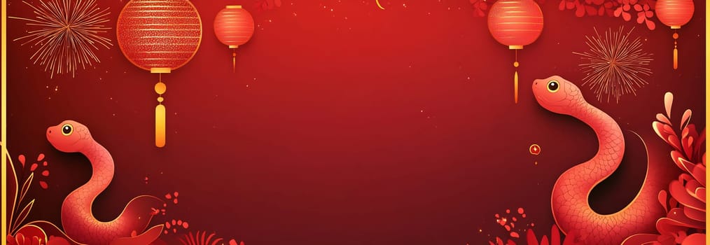 A vibrant red backdrop showcases ornamental snakes and lanterns, ideal for celebrating the Lunar New Year festival.